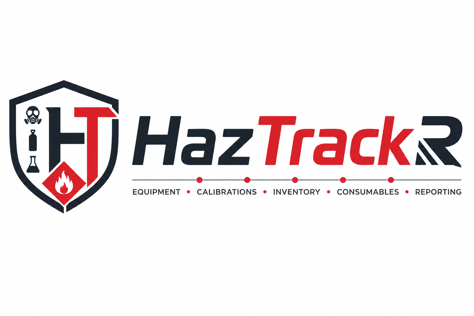HazTrackR logo: shield mark and wordmark with equipment, calibrations, inventory, consumables, and reporting